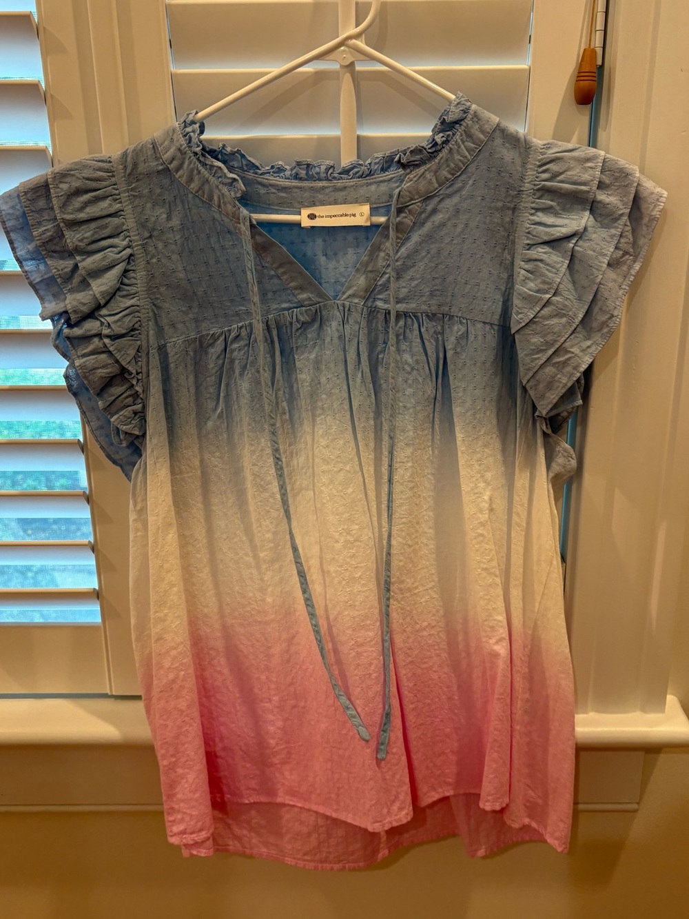 The Impeccable Pig Blue-to-Pink Ombre Ruffle Sleeve Blouse